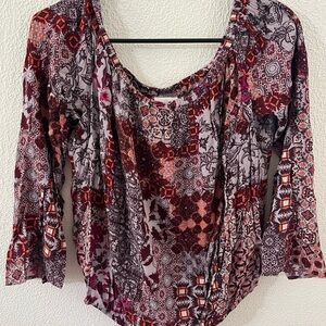 Knox Rose Red and Purple Ruched Flutter Long Sleeve Top